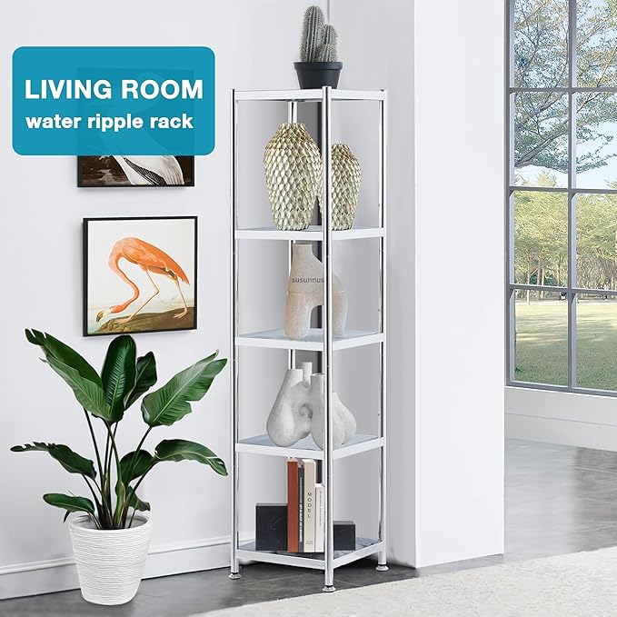 susunnus Stainless Steel Shelves 13.8in-5 Tier, Corner Shelf, Storage Shelves, Narrow Metal,Stainless Steel Shelf, Kitchen Storage Rack for Small Spaces Tall Skinny Shelf