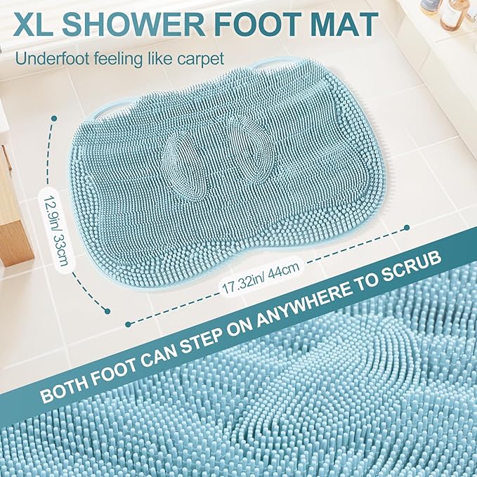 XL Shower Foot Scrubber Mat, Silicone Feet Massage Scrubber in Shower Clean Foot Toes Pad without Bending Non-slip Suction Cups -Blood Circulation Exfoliate Achy Relief 17.4*13.4" Light Blue