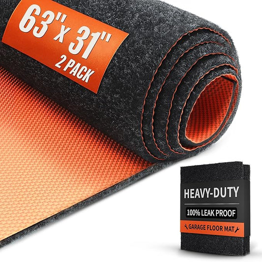 2 Pack Heavy Duty Oil Spill Mat, Garage Floor Mat, 63" x 31" Waterproof Rubber Backing Oil Absorbent Pads, 1/5" Thick Reusable Under Auto Repair Mat for Garage Floor Surface Protection-Black