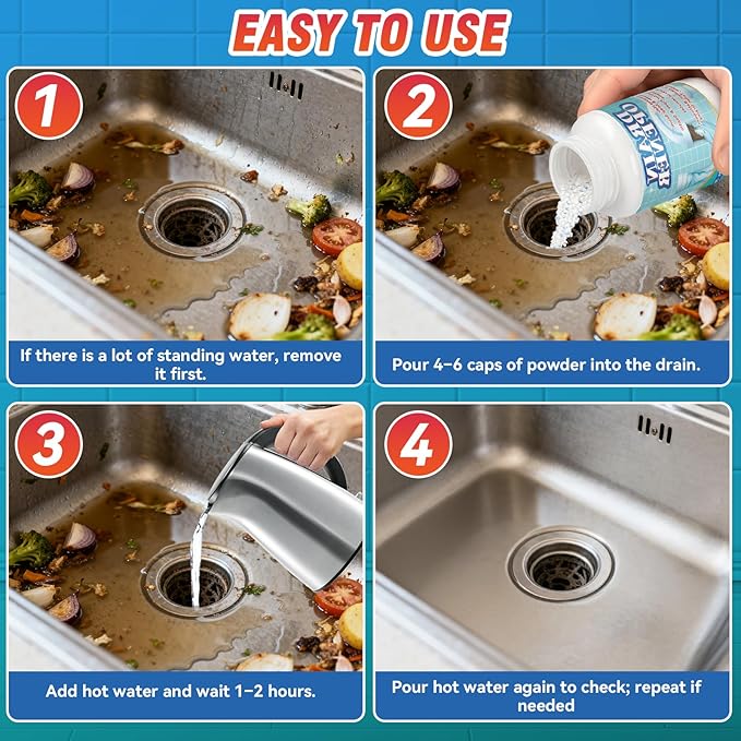Drain Clog Remover, Hair Drains Clog Remover, Crystal Lye Drain Opener Unclog Bathroom and Kitchen Sinks, Drains, Shower Pipes, Removes Hair, Soap Scum, Blockages, 260g