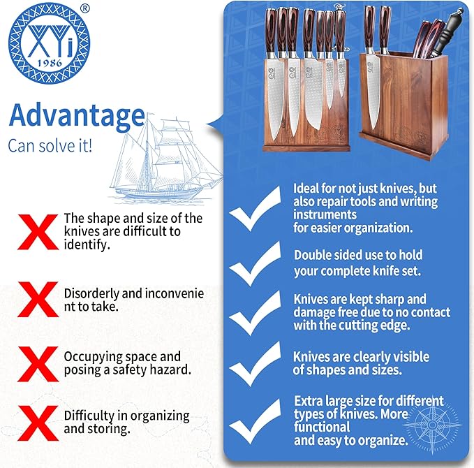 XYJ Magnetic Knife Block Holder,Double Side Magnetic Knife Stand,Acacia Wood,Extra Large Capacity Magnet Knife Storage for Knives and Utensils,Kitchen Organizer Rack Tool Without Knives