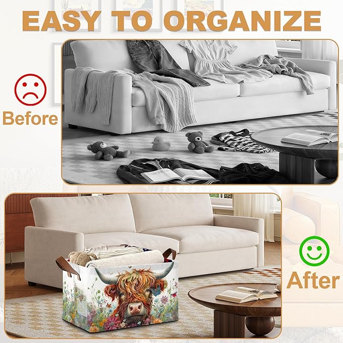 Flower Highland Cow Storage Bins with Handles, Collapsible Storage for Clothes, Gift Basket, Blankets & Closet Organization