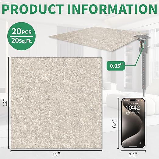 20 Pack Cover 20 Sq.Ft Peel and Stick Floor Tiles, 12” x 12” Self Adhesive Vinyl Flooring Easy DIY Installation for Kitchen, Living Room, Laundry, RV, Beige Stone