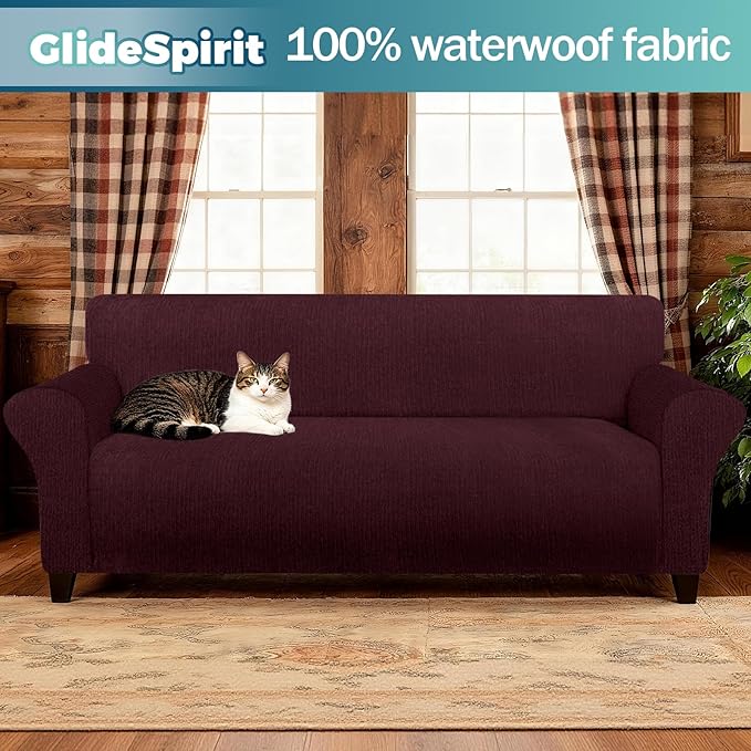 Waterproof Stretch Spandex Chair Sofa Slipcover - Non-Slip Soft Couch Cover with Elastic Bottom, Washable Leakproof Furniture Protector for Kids, Pets, Dogs & Cats (Chair, Burgundy)