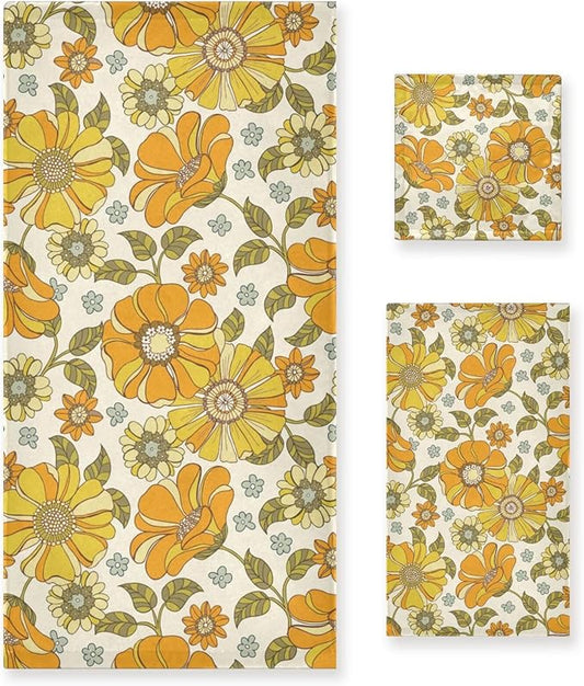 3 Piece Retro 70s Floral Bath Towel Set,Microfiber Decorative Vintage Hippie Orange Groovy Daisy Flower Bathroom Towels,1 Bath Towel 1 Hand Towel for Bathroom Kitchen,1 Washcloth for Face