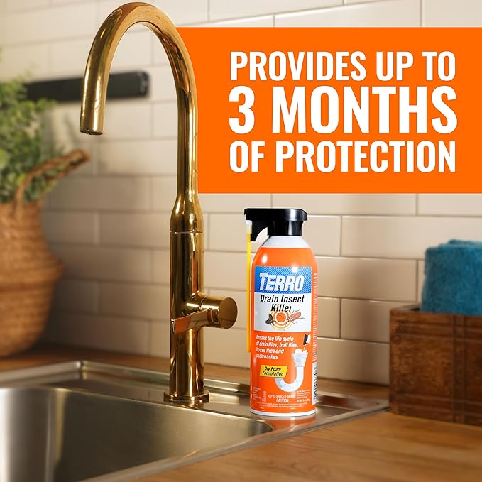 TERRO Drain Insect Killer - T590 Drain Fly Killer Spray - Foam Treatment for Fruit Flies, House Flies, and Cockroaches (Pack of 2)