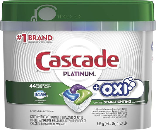 Cascade Platinum Dishwasher Pods, ActionPacs + Oxi, Dishwasher Detergent, Fresh Scent, 44 Count