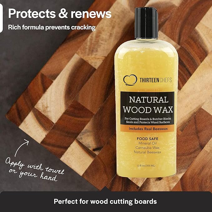 Cutting Board Wax and Conditioner with Food Grade Beeswax - Treat Wood Countertops, Butcher Blocks, Wooden Utensils and Bowls - Made in USA (12oz)