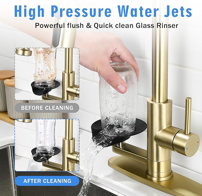 Kitchen Faucet with Glass Rinser, Pull Down Sink Faucet with 3 Spray Modes and High Pressure Glass Rinser, Single Hole 2 in 1 High Arc Stainless Steel Kitchen Faucets (Brushed Golden)