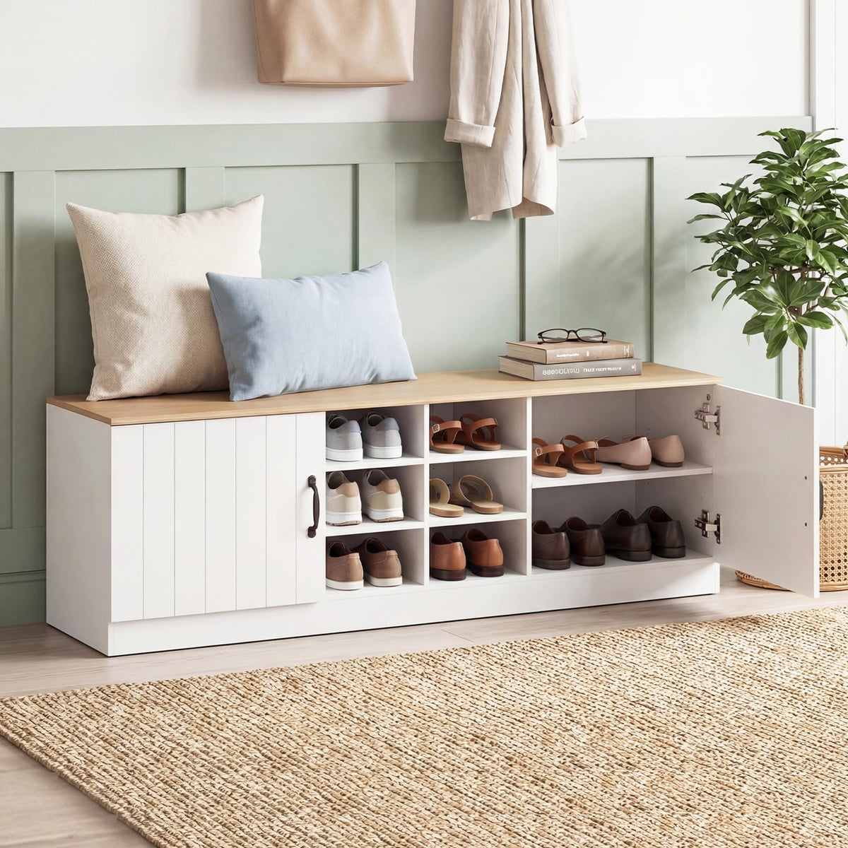 GIANTEX 2-Door Shoe Storage Bench, Wooden Entryway Bench - Image 1