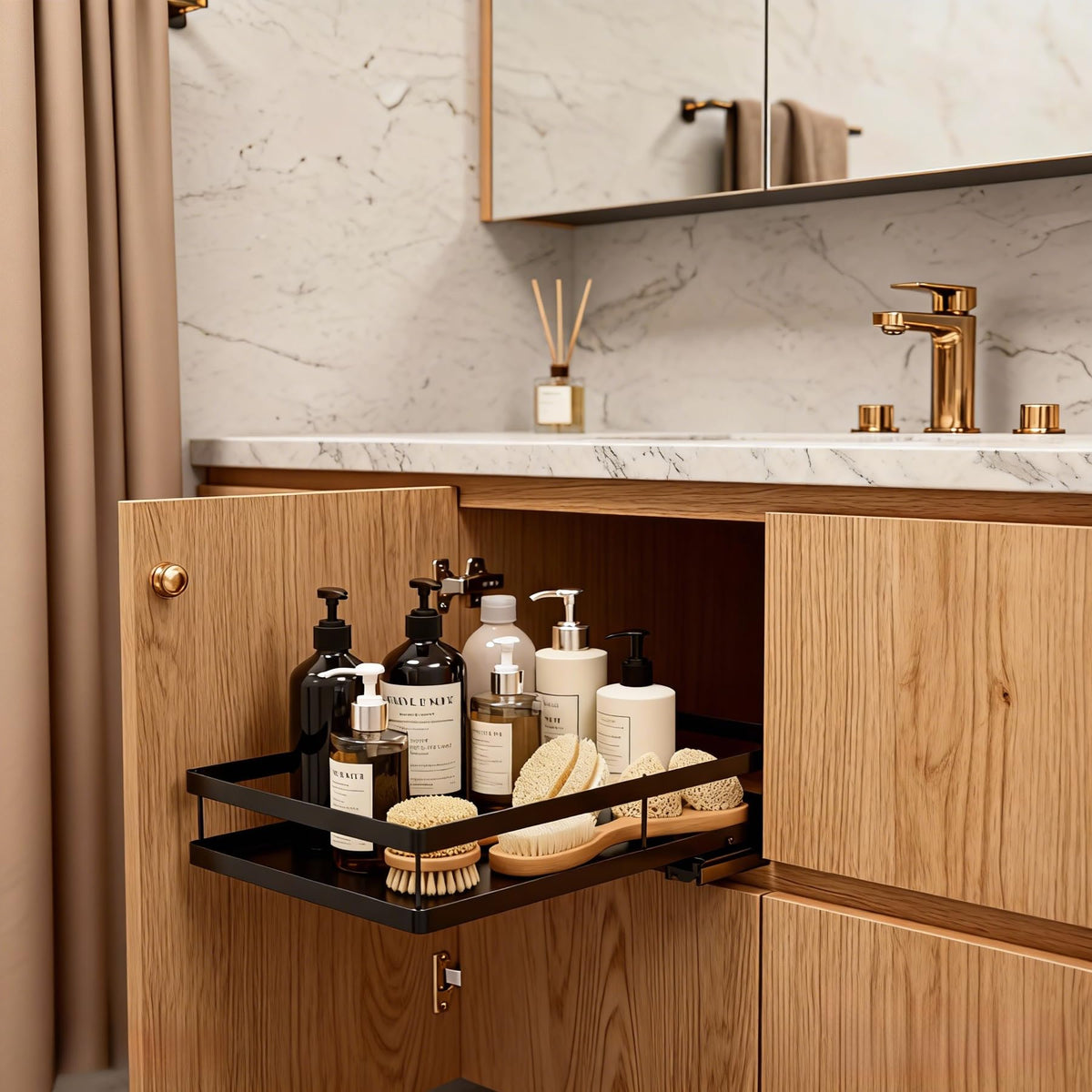 Pull Out Cabinet Organizer, 1-Tier Metal Slide Out Basket - Image 1