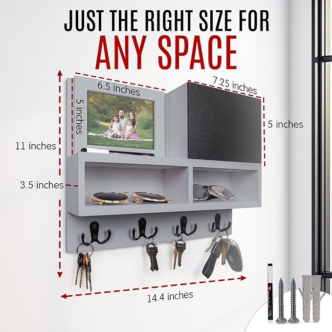 Spacelog Key and Mail Holder for Wall with Chalkboard – Magnetic Picture Frame Key Holder Wall Mount, Grey, Dual Storage & Cupboards