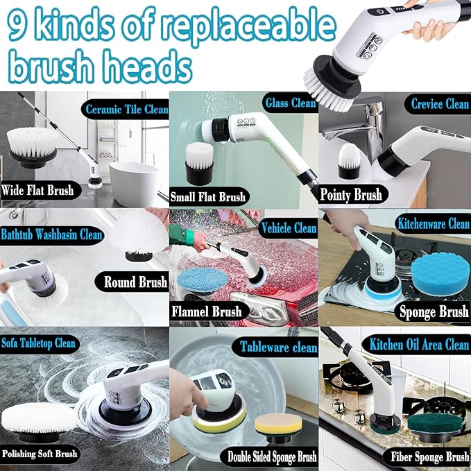 Electric Spin Scrubber,Cordless Cleaning Brush 9-in-1Replaceable Brush Head,2 Rotat Speed,Shower Scrubber with Adjustable Detachable Exten Handle,2025 New Power Cleaning Brush for Kitchen,Bathroom