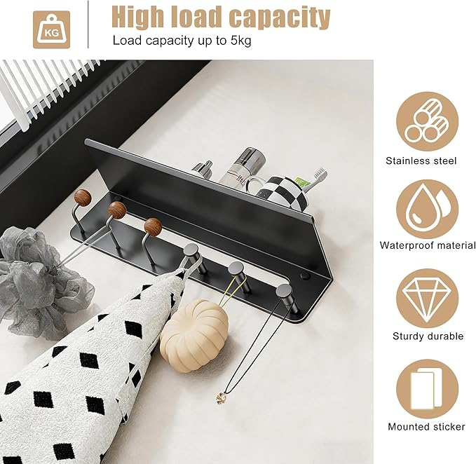 Coat Hooks for Wall, Thickened 5 Hooks No Nail Adhesive Hooks, Towel Hanger for Bathroom, Door Hanger Hooks, Hooks for Hanging Hat Key Towel Purse Robes Mudroom Entryway