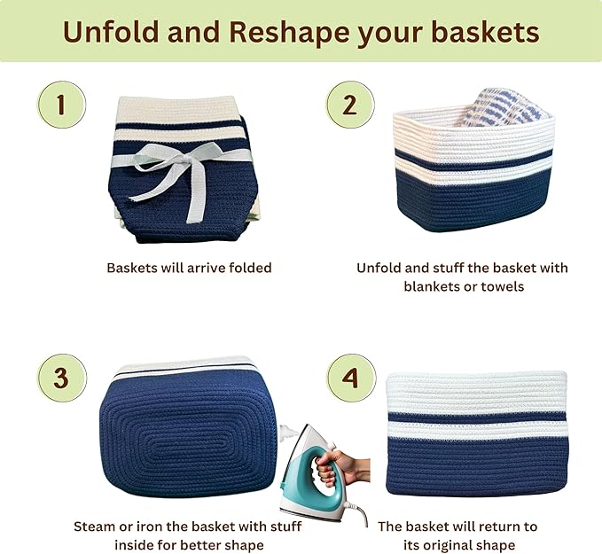 Cotton Rope Baskets for Organizing and Storage, Woven Decorative Baskets for Shelves, Books, Closets. Storage Bins for Living Room, Bedroom (Blue, 1 - Pack | Medium)