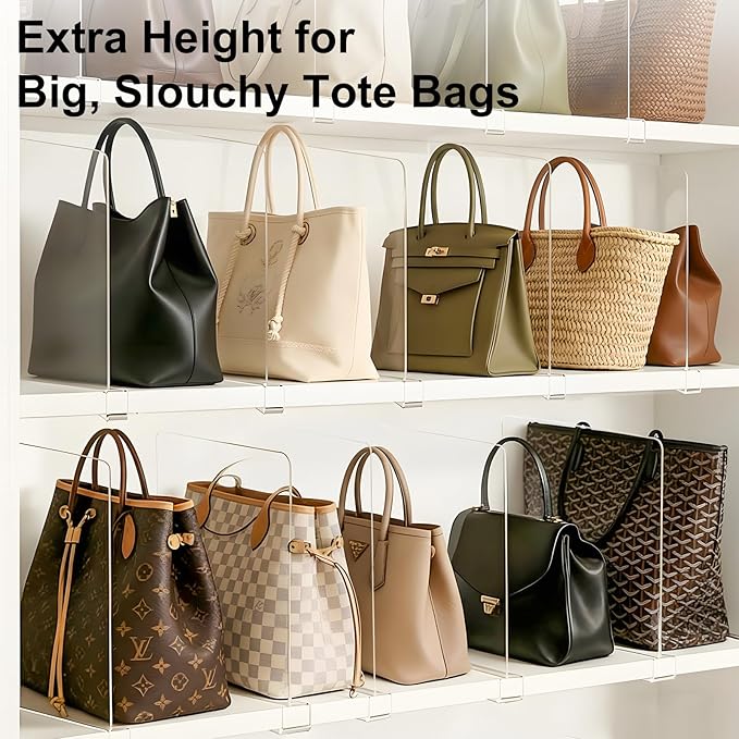 Shelf Dividers Purse Organizer for Closet: 11-inch Tall(Higher Version) Acrylic Sweater Organizer - Upgraded Extra Height for Large Handbags, Totes, Clothes, Towels on Wood Shelves 10-Pack