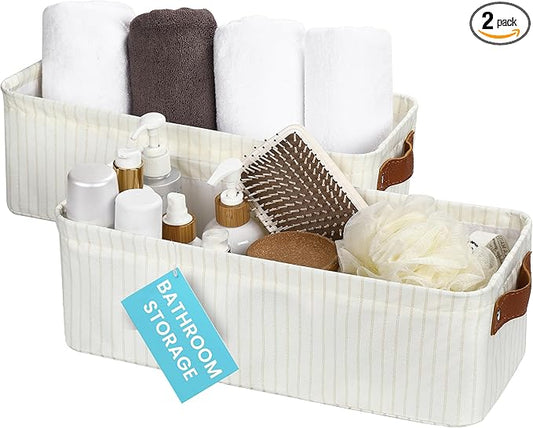 OrganiHaus Narrow Storage Bins 15x06in, Small Closet Bins for Shelves, Bathroom Storage Baskets, Narrow Baskets, Fabric Organizer with Handles, Toilet Paper Organizer - 2 Pack, White w/ Brown Stripes