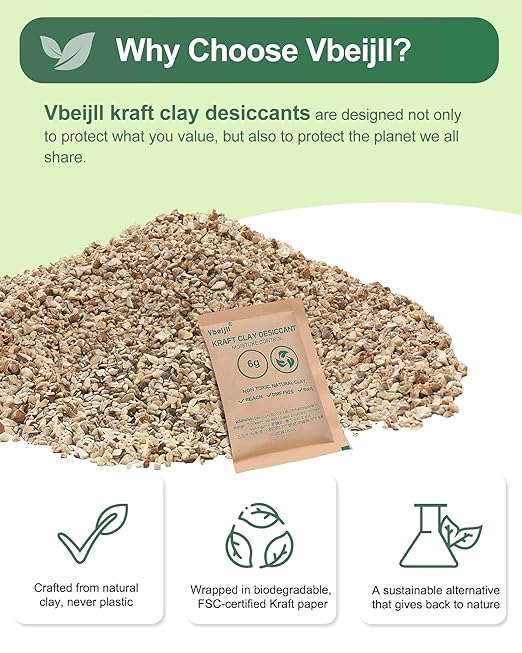 20 Gram (50 Pack) Kraft Clay Desiccants Packs, Premium Food Grade Desiccant - Rechargeable Moisture Absorbers for Food Storage, Electronics, 3D Filament & Safes