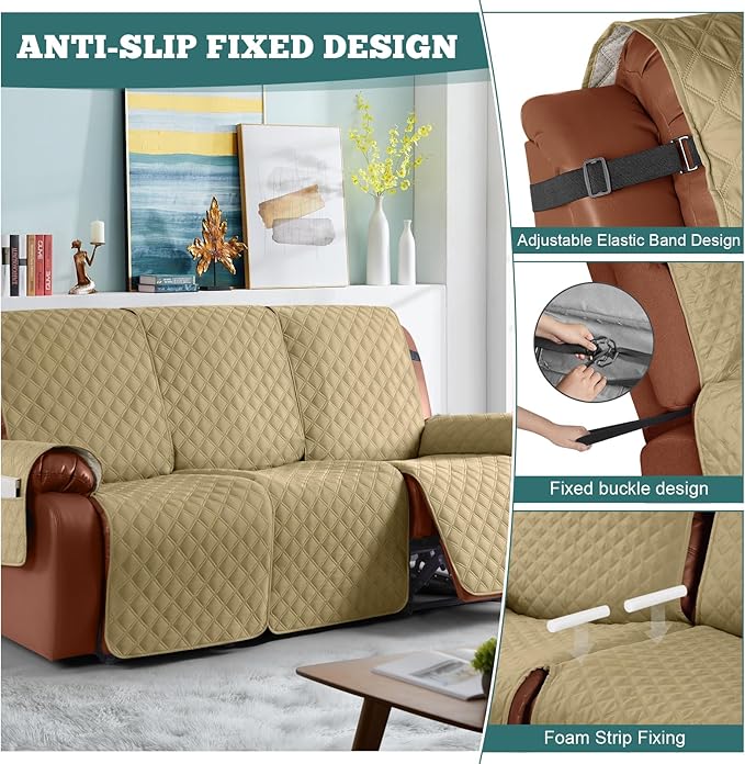 Ruaozz Waterproof Recliner Sofa Covers, 1-Piece Couch Covers for Reclining Couches Reclining Couch Cover Washable Furniture Protector with Elastic Straps Pocket for Kids Pets (Sand, 3 Seater)