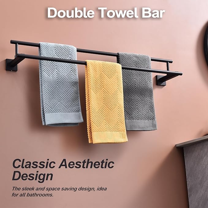 Bath Double Towel Bars, Towel Racks SUS304 Stainless Steel, Towel Holder for Bathroom Wall Mount, Towel Hanger Rail Accessories, 2-Tiers (Matte Black, 32 Inch)