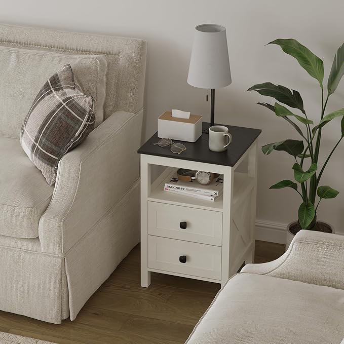 WOPITUES Nightstand with Charging Station, Farmhouse Night Stand with Drawers, Bedside Table, End Table for Bedroom, Living Room, Rustic White & Black