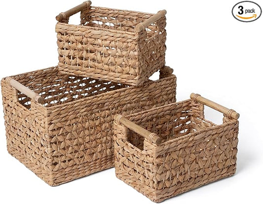 RGI Home Water Hyacinth Storage Baskets - Set of 3 Woven Decorative Baskets, Multi-size Organizers for Household Storage, Home Office, Pantry, Kitchen, Laundry, with Handles & Wood Accents, Natural