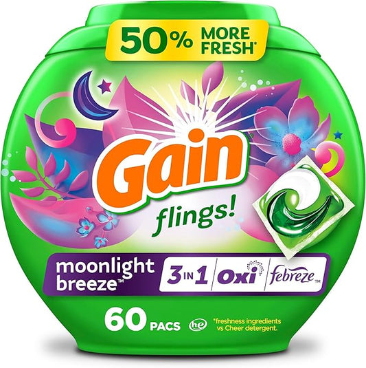 Gain Flings Laundry Detergent Pacs, 60 Count, Moonlight Breeze Scent, with Odor Defense, concentrated laundry soap pacs