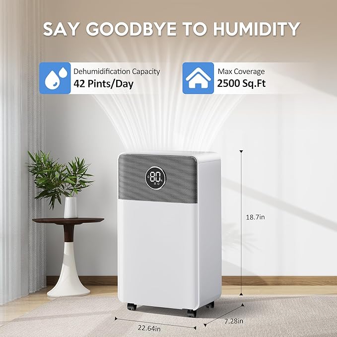 2500 Sq.Ft Dehumidifiers with Drain Hose, Max 42 Pints, Intelligent Humidity Control, 24H Timer, 3 Modes, Child Lock, Auto Defrost, Ideal for RV, Bathroom, Bedroom