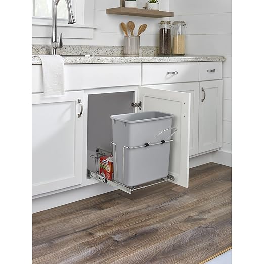 Rev-A-Shelf 20 Quart Pullout Kitchen Cabinet Metal Wire Sliding Universal Trash Can with Rear Basket for Waste Disposal and Organization RUKD-1420RB-1