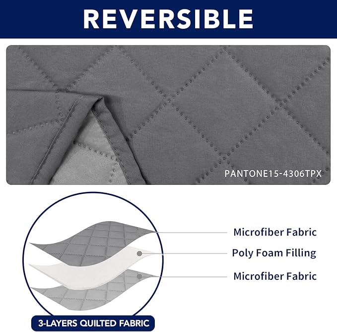 PureFit Water Resistant Reversible Sofa Covers for Reclining Sofa - Non Slip Split Recliner Couch Cover for 3 Cushion Couch, Washable Furniture Protector for Kid, Dog (3 Seat, Gray/Light Gray)