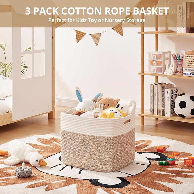 OIAHOMY 13 Kallax Inch Cube Storage Bins, 3-Pack Cotton Rope Woven Baskets for Organizing, Kallax Insert Storage Baskets for Shelves, Baby Nursery, Closet Organizer, 15 * 13 * 12.6IN, Brown & White