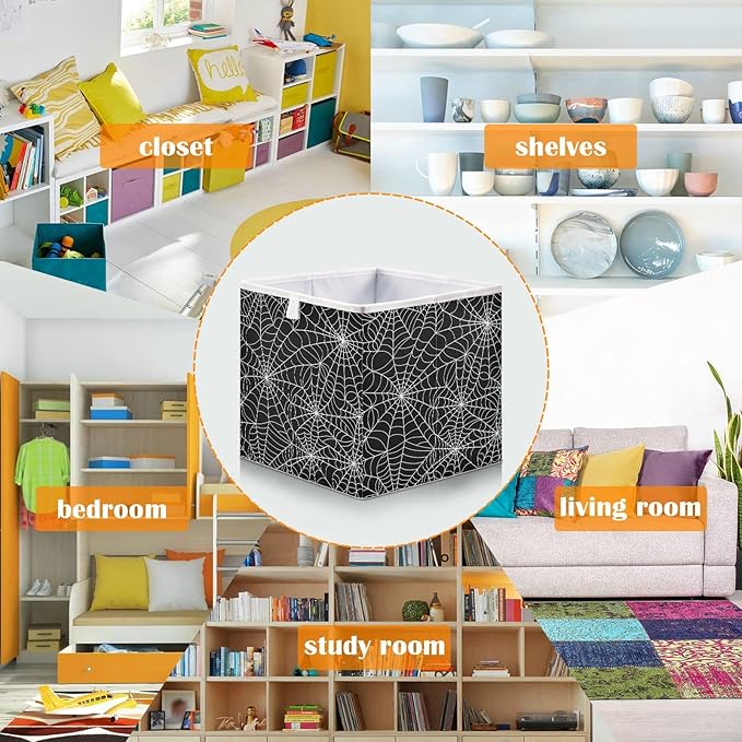 Bolaz Halloween Gray Spider Web Closet Organizers Storage Cubes Storage Bins Shelf Baskets Containers for Home Kids Room Toys Office,Square