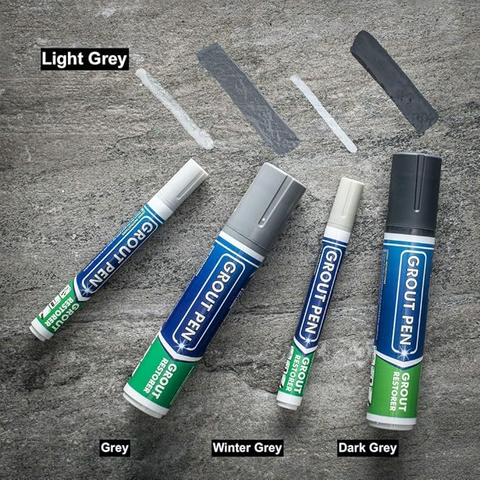 Grout Pen Tile Paint Marker: Waterproof Grout Colorant and Sealer Pen to Renew, Repair, and Refresh Tile Grout - Cleaner Coating Stain Pens - 2 Pack, 5mm Narrow and 15mm Wide Tip Pen - Light Grey