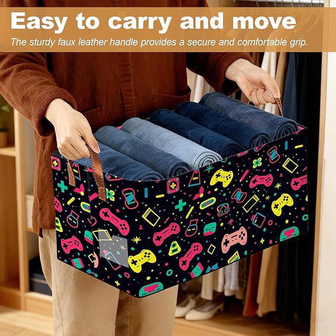 Decorative 32L Colorful Game Controller Storage Bins with Handles, Organization and Storage, Cube Storage Organizer for Hamper, Nursery