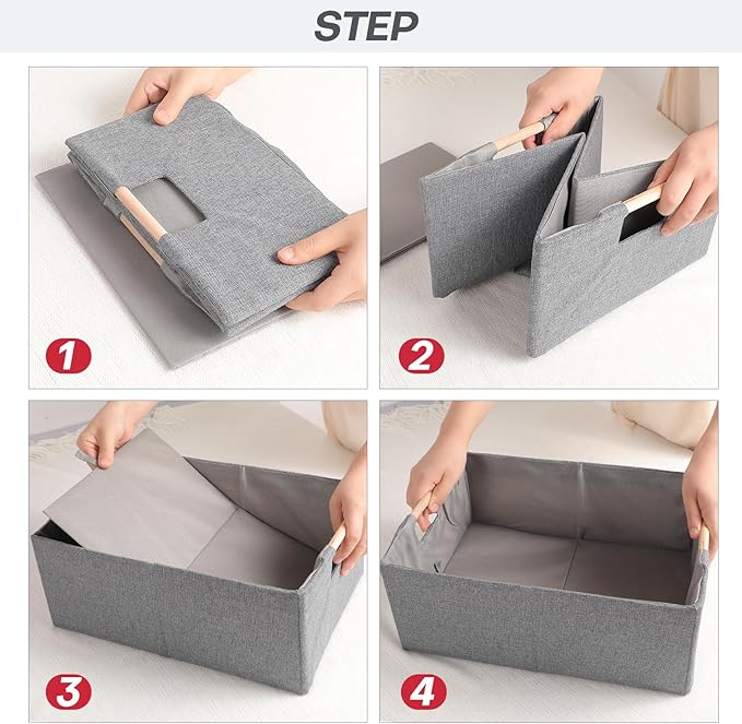 ANMINY 6PCS Storage Baskets for Organizing Collapsible Fabric Storage Bins Boxes with Wood Handles Closet Shelves Cube Organizer Bins Clothes Laundry Storage Container - Large, Gray