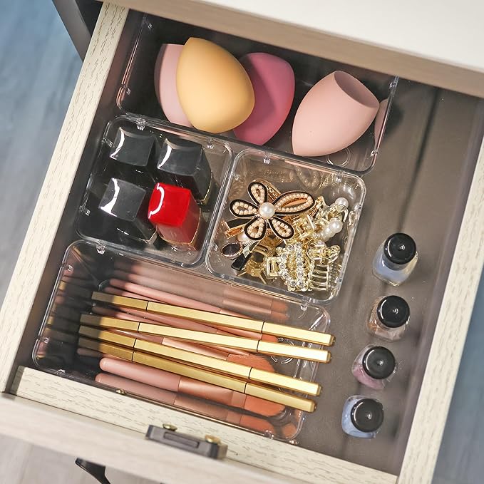 6 Pack Clear Drawer Organizer Set,Desk Drawer Storage Tray,Vanity Organizer Storage Bins Containers