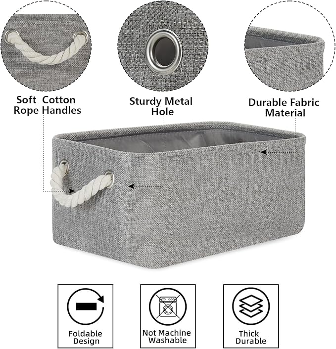 Bidtakay Small Gray Baskets Set of 6 Fabric Storage Bins with Handles 11.8 x 7.8 x 5 inch Collapsible Canvas Organizer Bins Baskets for Organizing Closet Shelf Storage