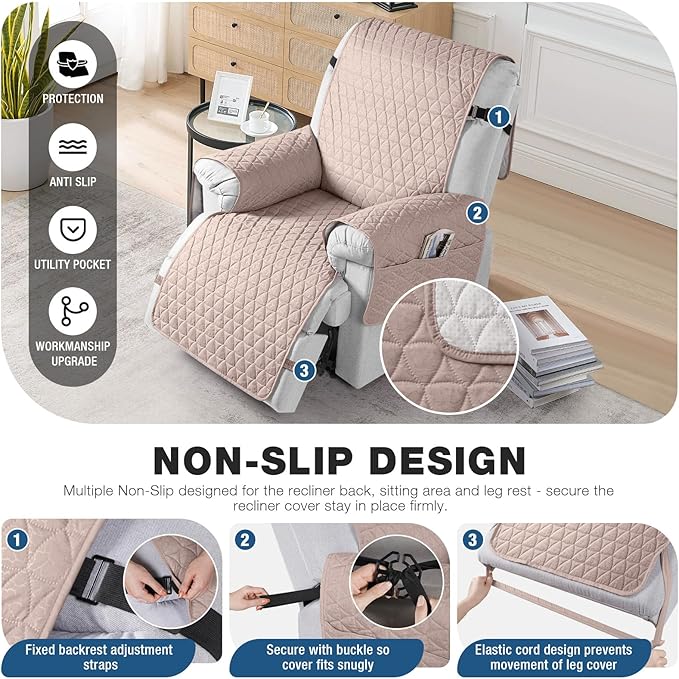 TAOCOCO 100% Waterproof Recliner Cover - Recliner Cover with Non-Slip Granule, Recliner Chair Covers with Elastic Band, Recliner Chair Covers for Reclining Chair(Peach, Oversized-30'')