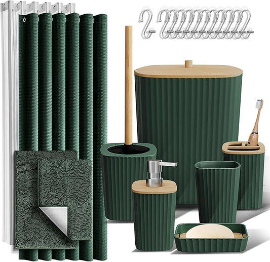 Clara Clark Bathroom Accessories Set - Bathroom Set, Bathroom Sets with Shower Curtain and Rugs, Shower Curtain Set with Bathroom Trash Can - Green - 22PC