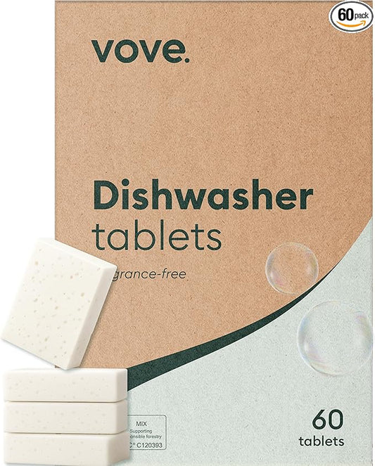 Vove Plastic-Free Dishwasher Tablets, 60 Pack - All-in-One Plant-Based Formula with 2x Enzyme Power - Tackles Stubborn Stains, No Pre-Rinse Needed, Biodegradable & Concentrated, Fragrance-Free