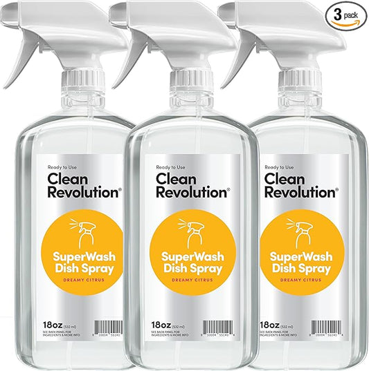 Clean Revolution SuperWash Dish Soap Spray 18oz Refill Supply Container, Ready to Use Formula, Citrus Fragrance, 3 Pack - Made in USA