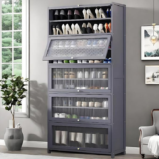 Tall Shoe Cabinet with Clear Doors, Large Capacity Bamboo Shoe Cabinet, 40-45 Pairs Shoe Rack Organizer for Closet Entrance, Hallway, Living Room, Bedroom