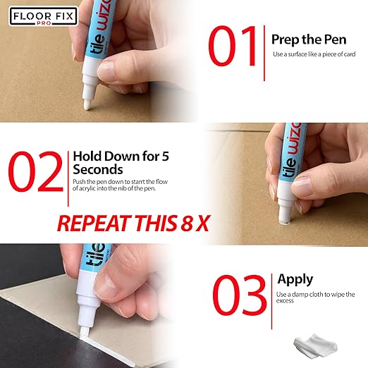 Tile Wizard Grout Pen from Floor-Fix Pro | Waterproof Grout Paint | Tile Grout Colorant and Sealer Pen | Narrow Tip 5mm | 2 Pack -7ml (White, 2 Pack)