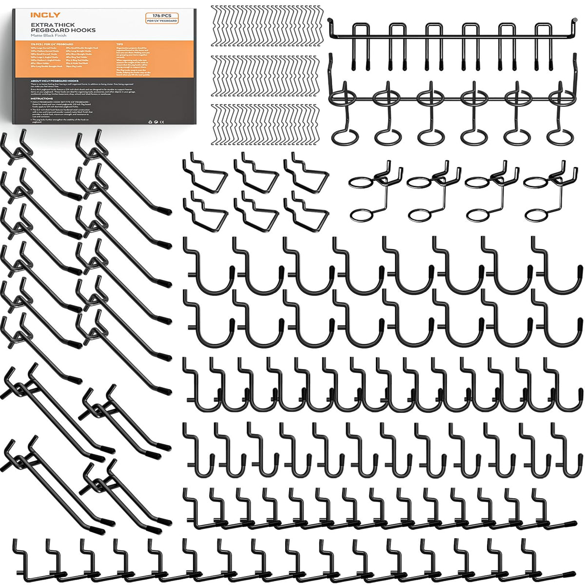 INCLY 176PCS Black Pegboard Hooks with Peg Locks, 1/4" Heavy Duty - Image 1