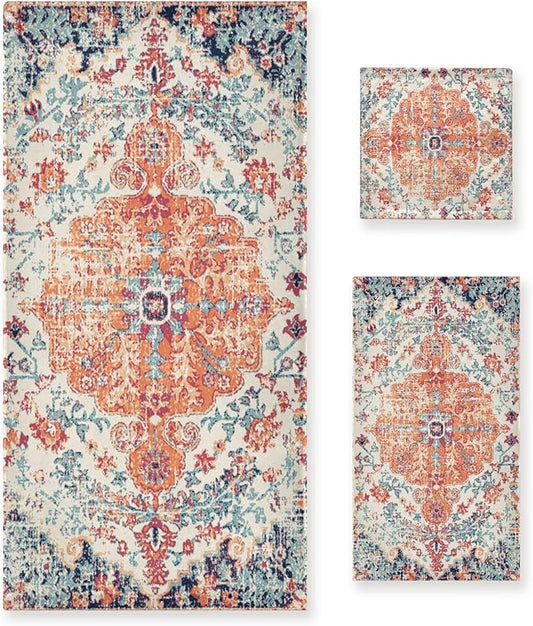 3 Piece Vintage Boho Bath Towel Set,Microfiber Decorative Rustic Orange Southwest Ethnic Bohemian Print Farm Bathroom Towels,1 Bath Towel 1 Hand Towel for Bathroom Kitchen,1 Washcloth for Face