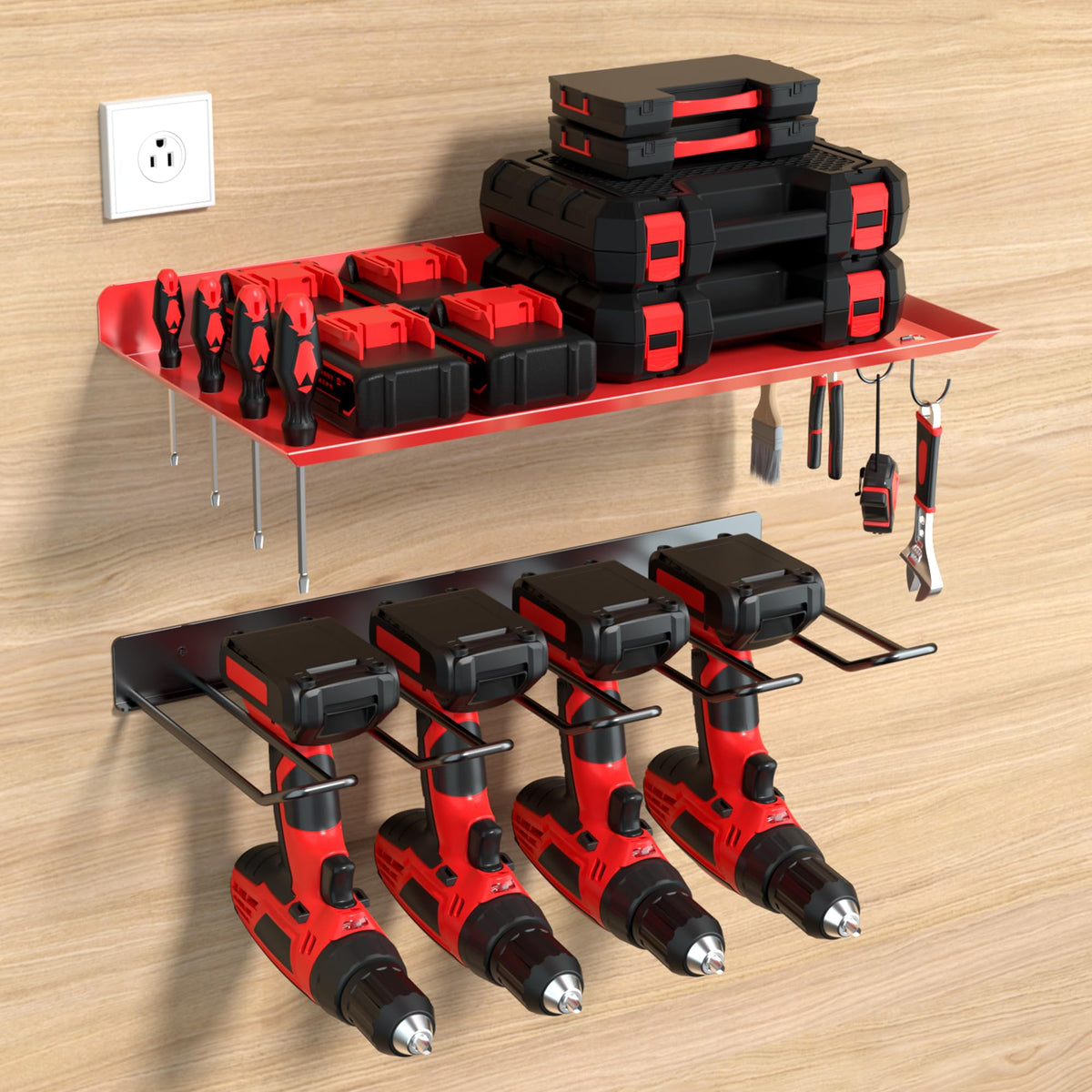 KSVO Wall Mount Power Tool Organizer, Heavy Duty Drill Rack, Red - Image 1