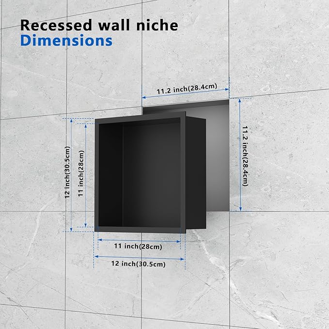 QAOYEDE Stainless Steel Shower Niche No Tile Needed 12"x12", Matte Black Niche for Shower, Recessed Showers Shelf for Bathroom Storage