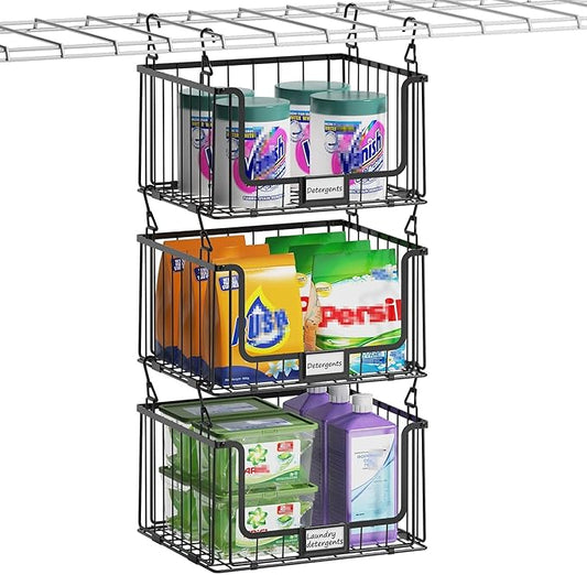 3-Pack Laundry Basket, Wire shelves for Laundry Room Space Saving-Metal Laundry Basket Holder,14.5"D x 10.5"W,Black