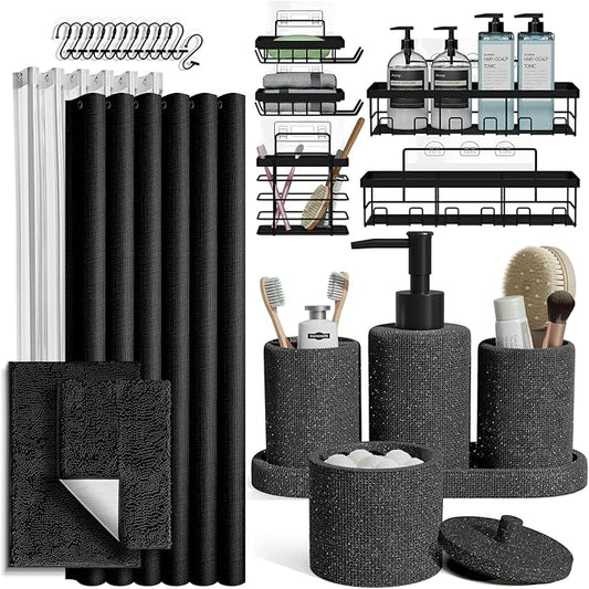 Clara Clark Coal Black Bathroom Set - Bathroom Sets with Shower Curtain and Rugs, 26PC Bathroom Accessory Set, Shower Curtain Set with Adhesive Corner Shower Caddy Hanging & Soap Dispenser