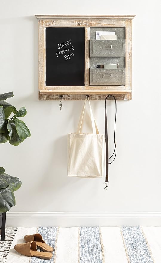 Kate and Laurel Idamae Farmhouse Wood Wall Organizer with Hooks; 28 x 25; White; Decorative Rustic Wall Organizer with Mail Holder; Chalkboard; and Three Key Holder Hooks